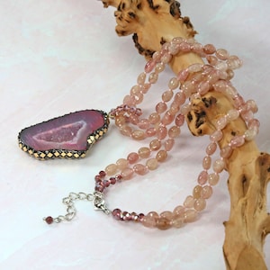 Strawberry Quartz Double Strand Pendant Necklace.Natural Strawberry Quartz  Necklace.  Statement Necklace. Pink Gemstone Jewelry.