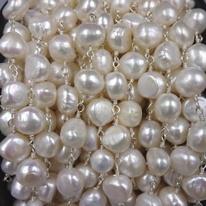 2Ft.10-11MM Semi Baroque Shaped Natural Cultured Freshwater Wire Wrapping Beaded Chain for Crafting. Pearl Chain for DIY.