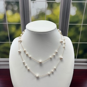 Rosary Style Beaded Chain Fresh Water Pearl Long Wire Wrapping Necklace