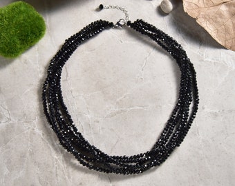 Beaded Multi 5 Strand Black Crystal Bib Collar Chunky Torsade Statement Necklace. Elegant Gorgeous Black Crystal Bead Necklace.