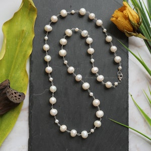 White Cultured Fresh Water Pearl Beaded Chain Necklace. Classy Pearl Necklace with Silver Color Chain.Bridal Pearl Necklace.