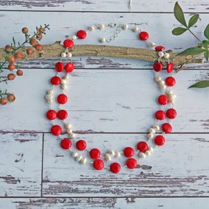 Red Magnesite Turquoise & Pearl Necklace; Multi-strand Red Magnesite Turquoise Beaded Wire Necklace;  Red Coral Statement Necklace.