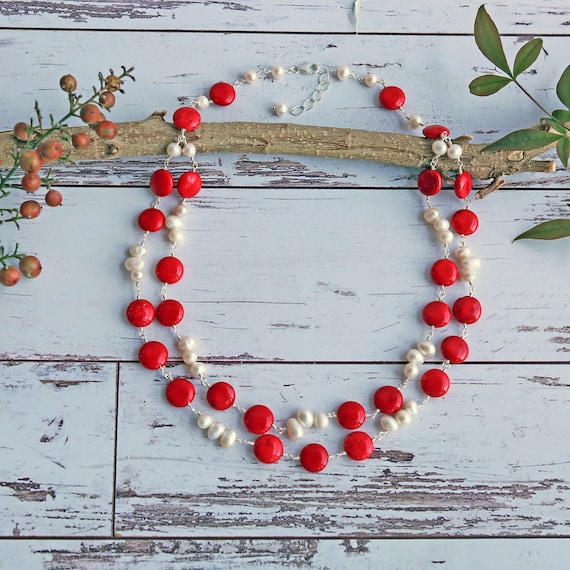 Red & Turquoise Double Wrap Bead Necklace Red & Turquoise Double Wrap Bead Necklace