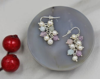 Mix Stone Cluster Earring/Drop Style Earrings With cluster of Gemstone beads,Aquamarine,Madagascar rose quartz,amethyst.