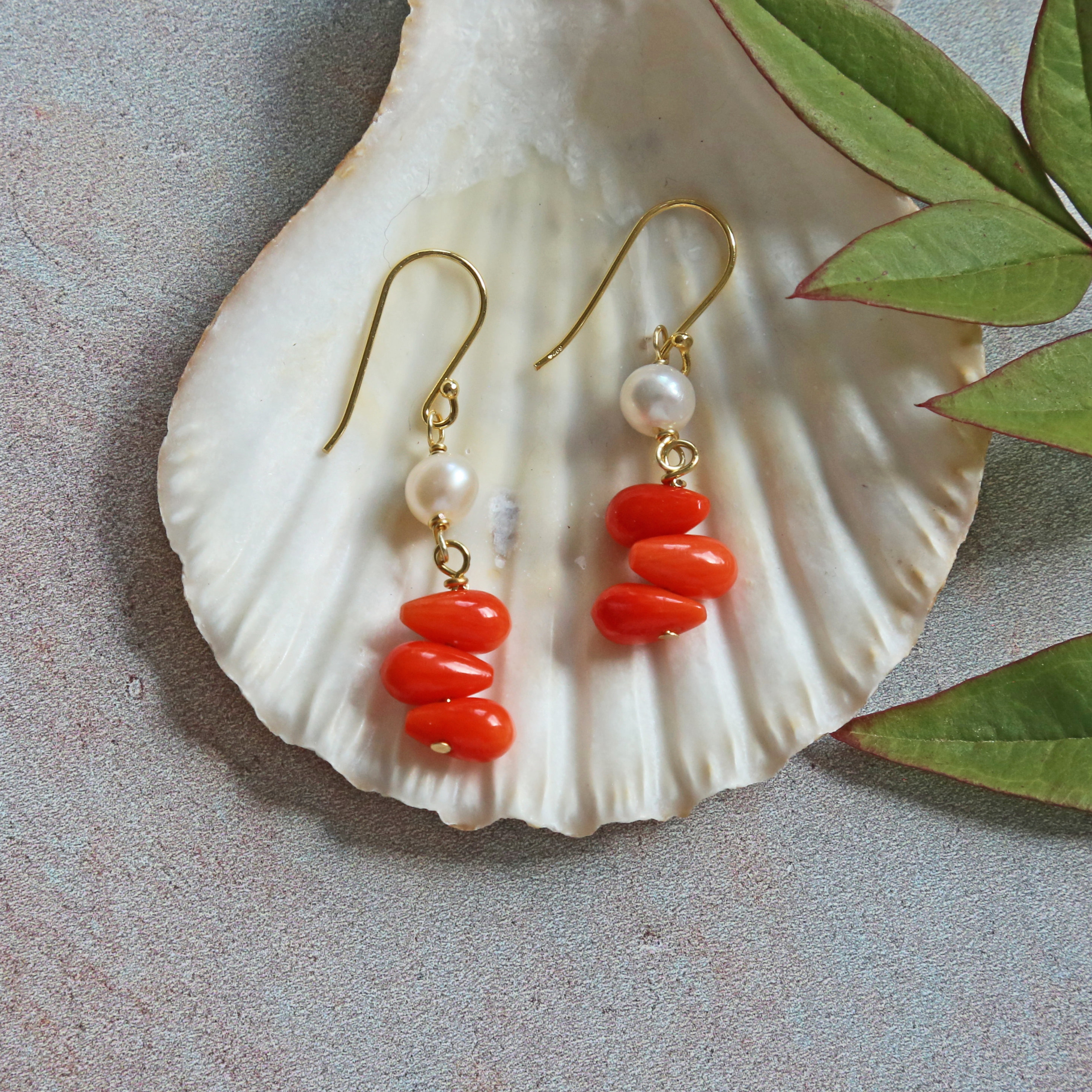 Pearl and Orange Red Coral Earrings. Pearl and Coral Dangle