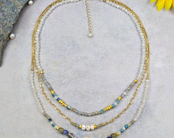 MGR Multiple 3 Strand Layered Freshwater Pearl, Labradorite Celestial Layers Necklace