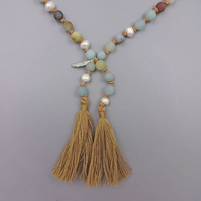 Long knotted Cultured fresh water Pearl /& Genuine Matte finish amazonite beads stone Sterling silver feather charm necklace with tassels
