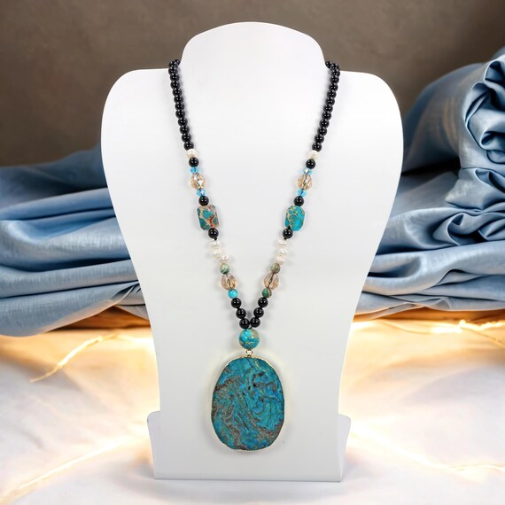 Onyx and imperial jasper geo pendant natural imperial  jasper pendant long