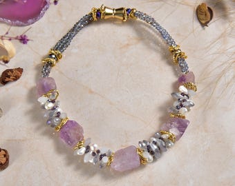 Natural amethyst  mix statement necklace.  statement necklace. purple  gemstone jewelry. mom birthday.  genuine amethyst.