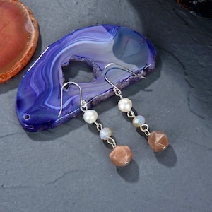 Sunstone & Cultured Pearl Earrings. Pink Gemstone and White Pearl Dangle Earrings. 3-Bead Hanging Earrings.