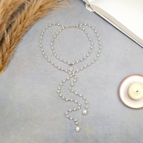 On-trend Rosary Beaded Wire Wrapped Cultured Pearl Choker Lariat Double Strand Necklace. CZ Pendant Necklace.