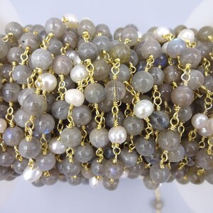 2Ft.6MM Labradorite & 5-6 MM Natural Pearl in Gold Colored Chain. Wire Wrapping Gemstone Chain. Non Tarnish Silver Plating Wire