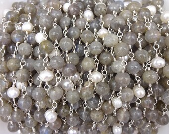 5 Feet Labrodorite with Pearl Gemstone Cluster Chain Wire Wrapped Beads Chain Dangle Beads Chain Black Plated Link Chain by LadoNarayani 5 Feet Labrodorite with Pearl Gemstone Cluster Chain Wire Wrapped Beads Chain Dangle Beads Chain Black Plated Link Chain by LadoNarayani