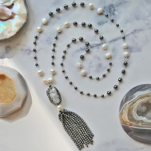 Druzy Pearl Pendant Hematite Tassel Necklace. Beaded Long Hematite Necklace. Tassel Necklace.