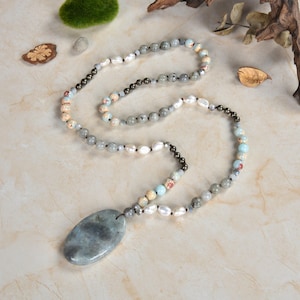 Beaded labradorite geo pendant necklace. long multi gemstone and genuine pearl beaded statement necklace.