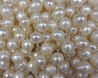 2 Ft.8-9MM Potato Shaped Cultured Freshwater Pearl Beaded Chain. Wire Wrapping Chain in Silver Color. Non Tarnish Silver Tone Wire.