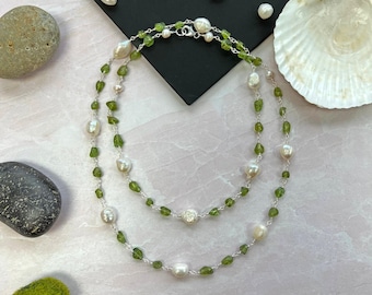 Beautiful peridot and white cultured pearl station necklace.  green and white gemstone long necklace. multi strand beaded wire necklace.