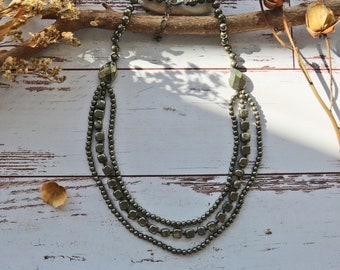 Triple Strand Pyrite Necklace. Pyrite Beads Making Jewelry.Natural Golden Pyrite.Statement  Necklace.Stone of Positive Energy.Pyrite Jewelry