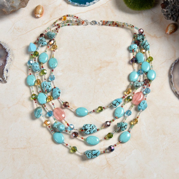 MGR Multiple 4 Strand Layered Beaded Blue Magnesite Turquoise Statement Style Necklace, 17"- 20" long.