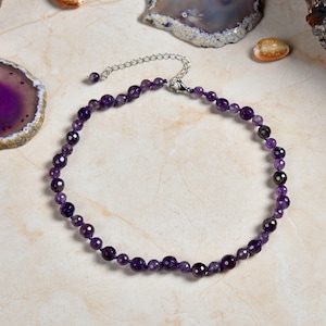 Beaded Semi Precious Stone Genuine Amethyst Collar or Choker Necklace for Women or Girls, 14.50" Long with 3" Extender.