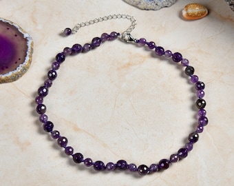 Beaded Semi Precious Stone Genuine Amethyst Collar or Choker Necklace for Women or Girls, 14.50" Long with 3" Extender.