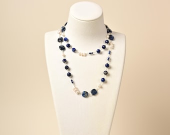 Genuine Lapis Lazuli, Kyanite & Freshwater Pearl Necklace.