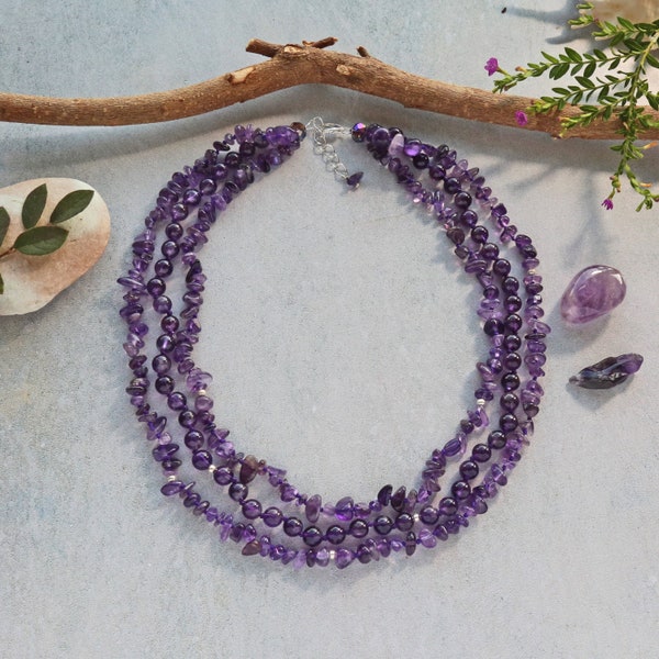 Amethyst Multi Strand Necklace.Amethyst Necklace.Purple Necklace. Torsade Necklace.Amethyst Jewelry.Purple Chunky Necklace.Gift for Her.