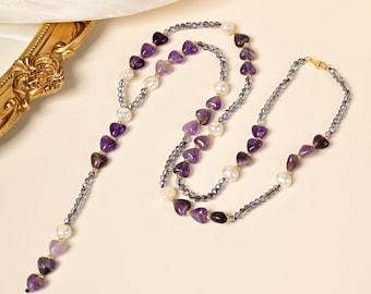 Amethyst and freshwater pearls lariat necklace. Handcrafted Heart Amethyst. Pearl necklace.  gift for mom. bridesmaid gift.