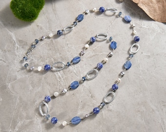 Kyanite Sodalite and Cultured Fresh Water Pearl Long Beaded Chain Station Necklace.  Blue Gemstone Long Necklace.  Blue and White Necklace.