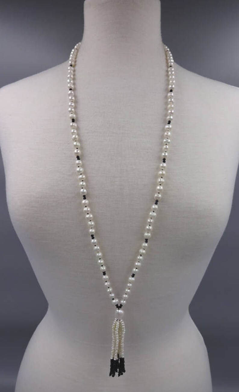 34 Long. Hand Knotted Beaded Cultured Freshwater Pearls and Black Crystals Tassel Necklace