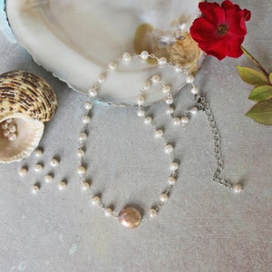 Coin Pearl Centered Necklace.   Coin & White Pearl Necklace. Coin choker. Summer necklace. Gift for her. Boho Necklace. Coin jewelry.