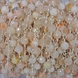 5MM Micro-cut Strawberry Quartz Rosary Style Beaded Chain. Wire-wrapping DIY Crafting Chain.  Non-tarnish Silver Plating Wire