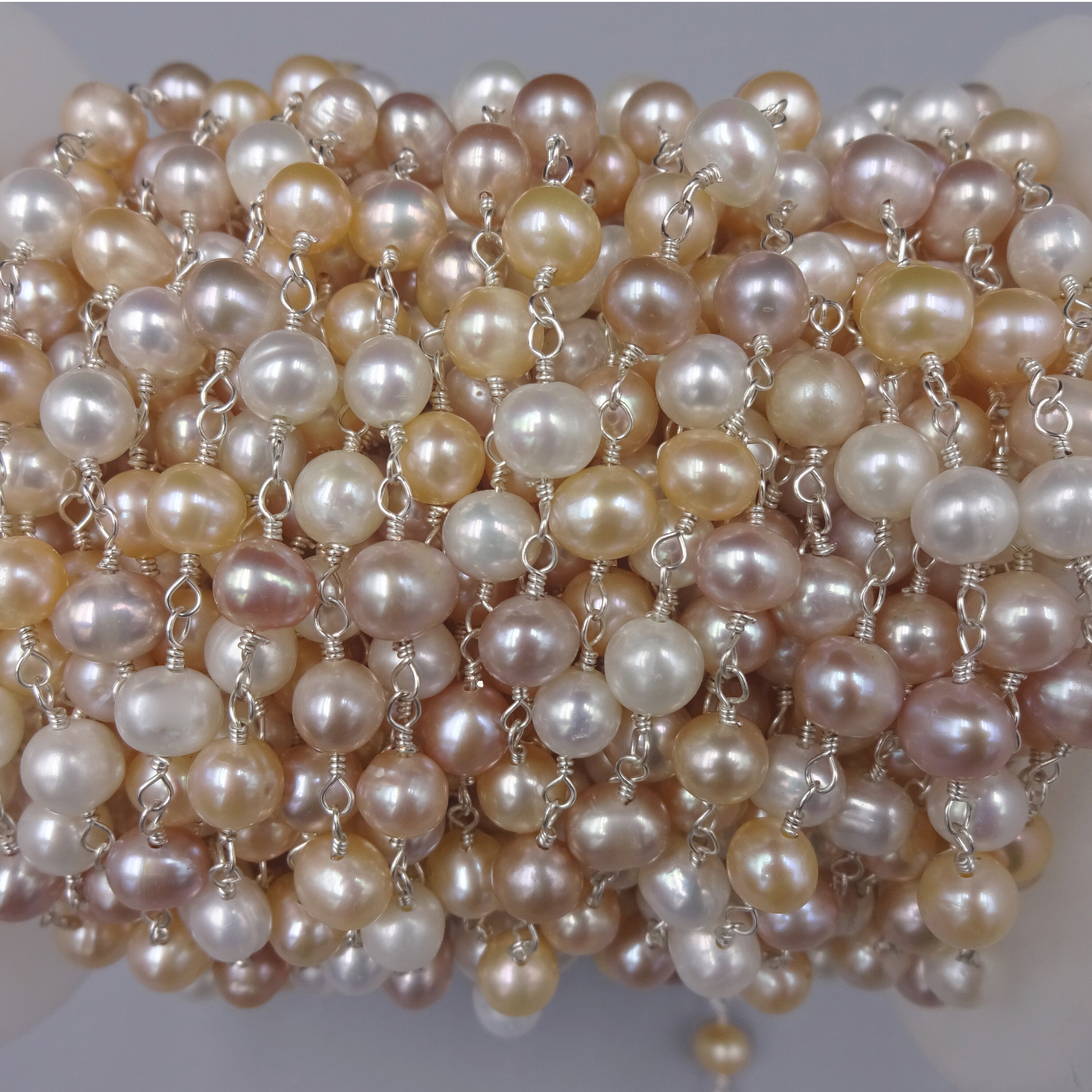 2FT 6-7MM Natural Multi-color Potato Shaped Cultured Freshwater Pearl Beaded Chain. Non Tarnish Wire in Silver Color.