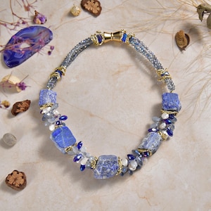 Natural lapis mix statement necklace.  statement necklace. blue  gemstone jewelry. mom birthday.  genuine lapis.