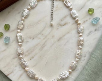 Square Keshi Pearl & Freshwater Pearl Necklace.Pearl Necklace.
