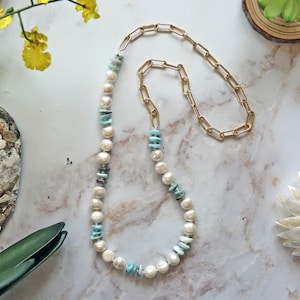 Larimar & Cultured Pearl Chain Link Necklace. Blue White Necklace. Larimar and Pearl Beaded Necklace. Beaded Gold Paper Clip Chain Necklace.