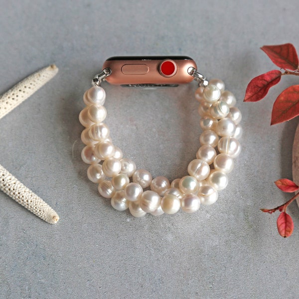 Apple Watch beaded stretch band made from cultured freshwater pearls. Cultured Pearl Apple Watch Strap