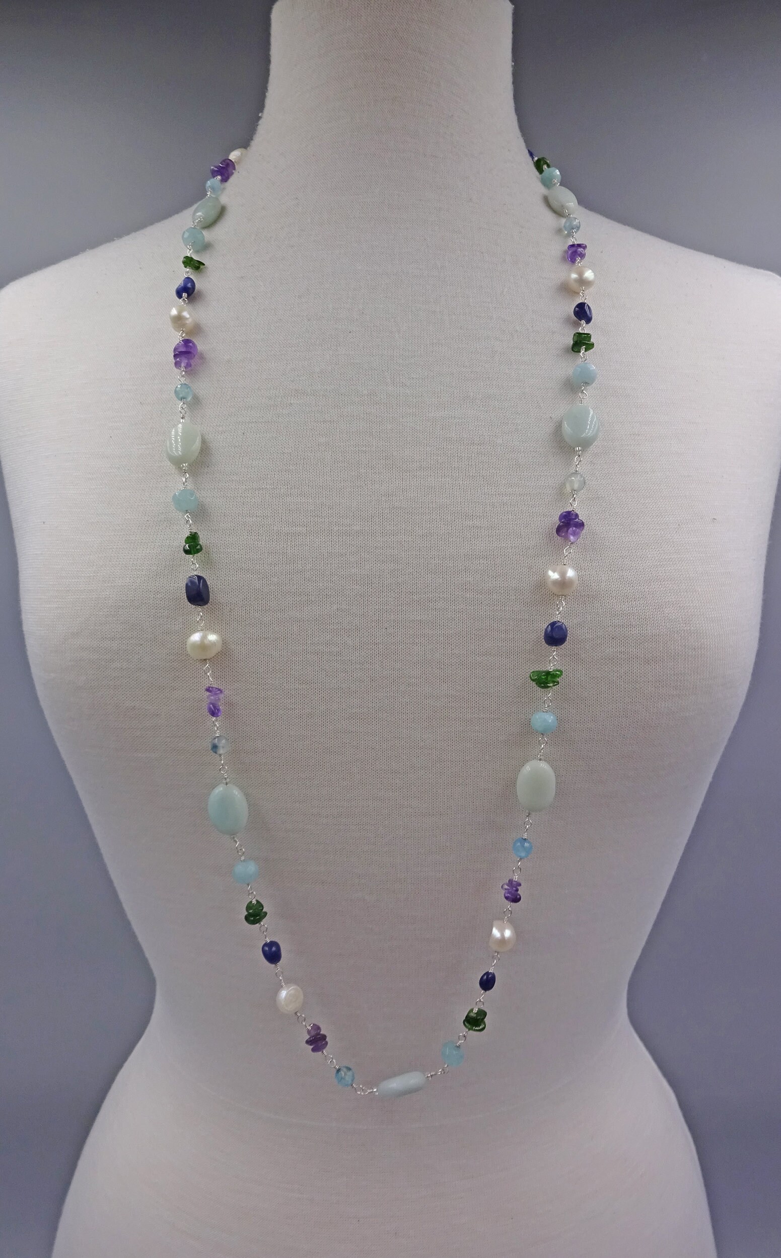 Collier Long Perles Pierres Précieuses Bleues Naturelles à Facettes - Fait Main En Inde
