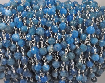 2FT 5MM Micro Faceted Apatite Silver Color Chain. Wire Wrapping Gemstone Chain. Non Tarnish Sterling Plating Wire