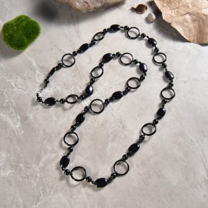 Beaded stone cluster onyx hoop necklace. black onyx necklace.  long necklace