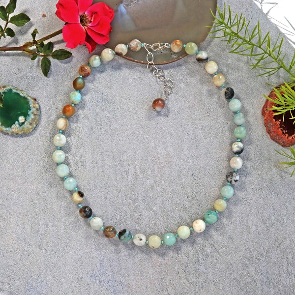 Beaded Amazonite Gemstone Short Choker Style Necklace with a Sterling Silver Lobster Clasp. Hand Knotted Faceted Amazonite Collar Necklace.