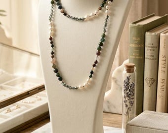 Fancy Japer - Indian Agate, Crystals and Pearls Long Layered Necklace