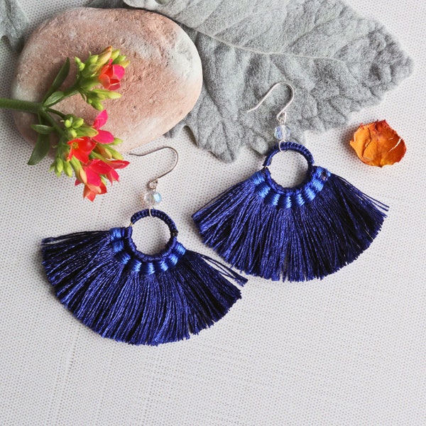 Silky Thread Fringe Tassel Dangle Drop Earrings.  Bohemian Tassel Earrings. Cobalt Blue Tassel Earrings. Fan Shape Statement Earrings.