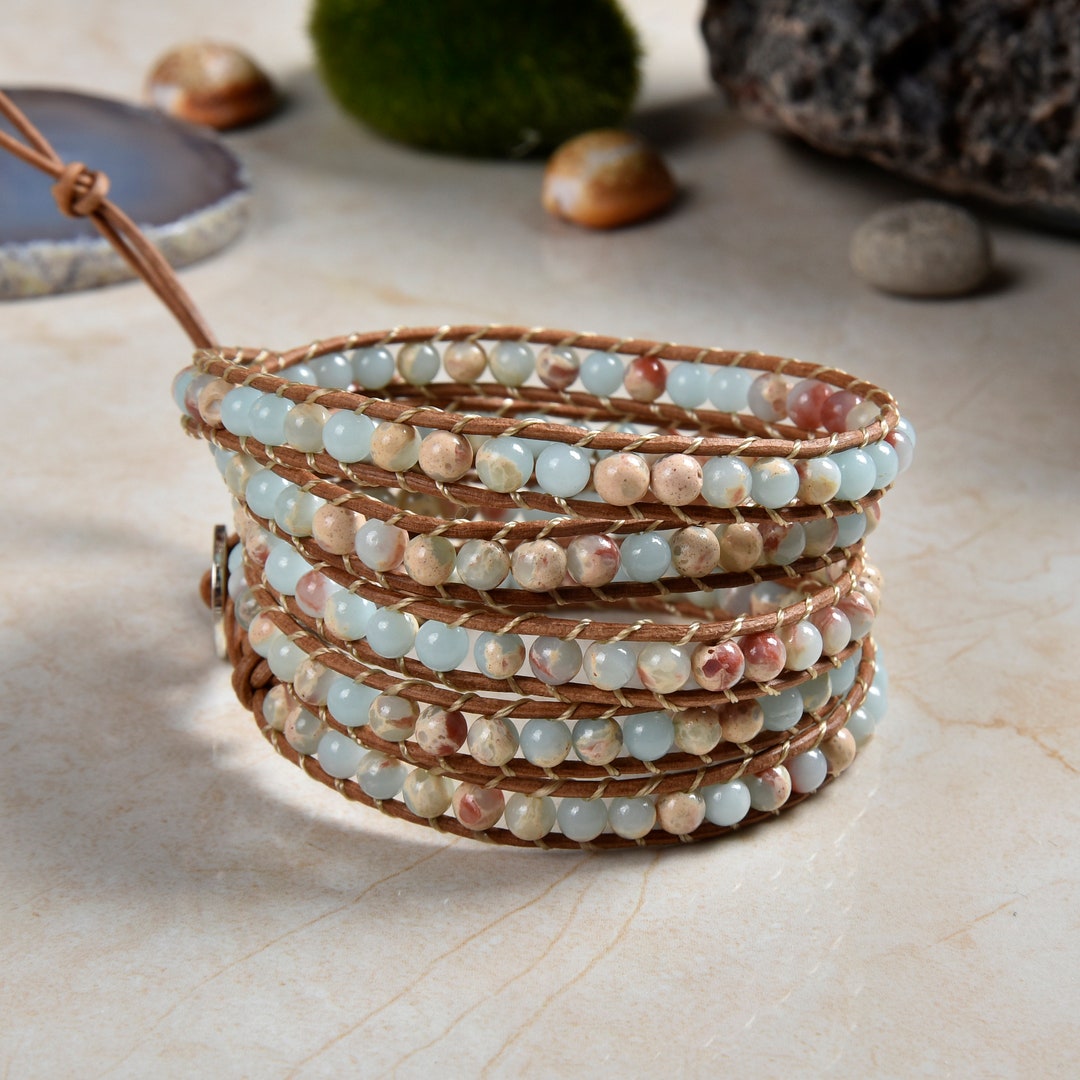 Blue Jasper & Goldtone Beaded Leather Wrap Bracelet main image 1