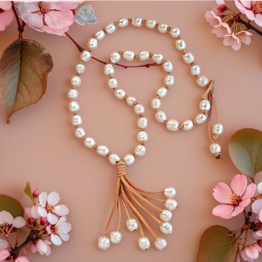 ★PEARLY MORE★ Ball Point Leather String Necklace Natural Freshwater Pearl Tassel Pendant Beaded on Tan