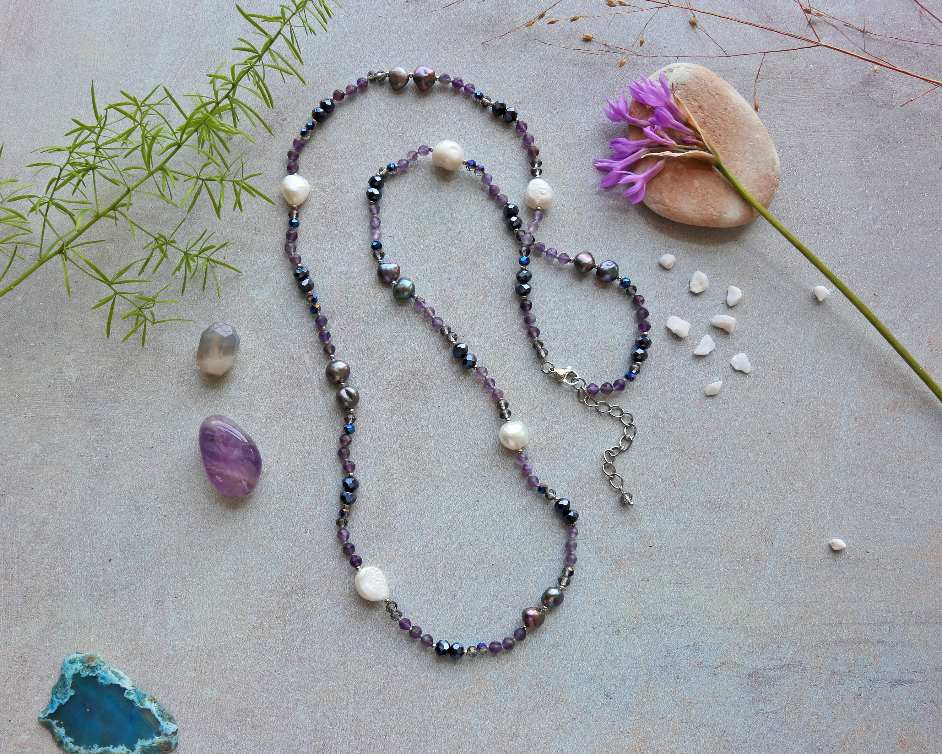 Pearl & Amethyst Beaded Layering Necklace. Pearl Beaded Necklace. Purple Gemstone. Amethyst Necklace. Gift for Her.