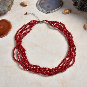 Beaded multi 5 strand garnet red crystal bib collar chunky torsade statement necklace. elegant crystal bead necklace in different colors.