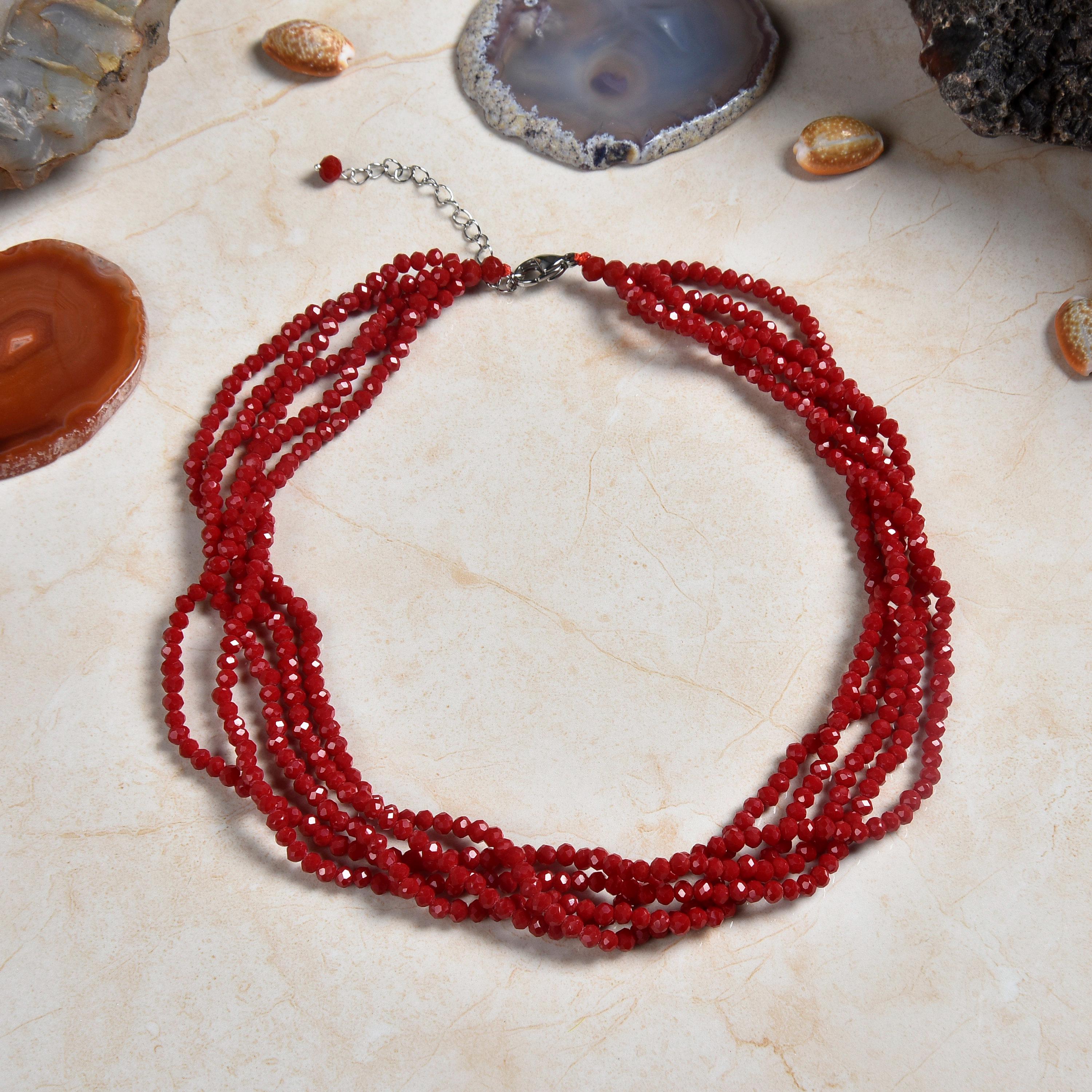 Beaded multi 5 strand garnet red crystal bib collar chunky torsade statement necklace. elegant crystal bead necklace in different colors.