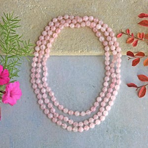 60&quot; 8mm polished or matte finish genuine rose quartz endless infinity beaded long or multi-strand mala style chakra necklace. pink necklace.