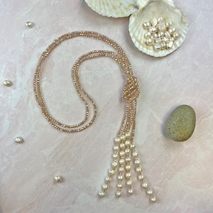 Kristall & Perlen Lariat Halskette. Wandelbare Perle Lariat. Lange Y-Kette. Juni Geburtstag. Geschenk für sie. Brautjungfer Geschenk. Champagner Halskette